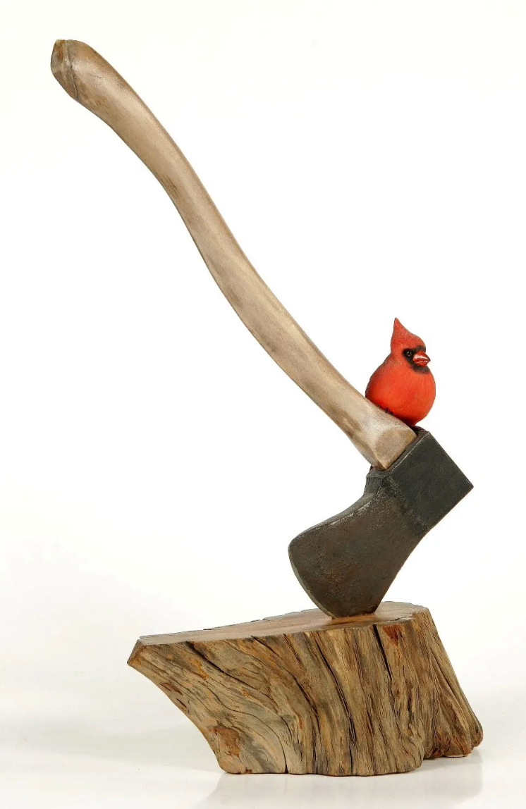 Miniature Northern Cardinal on Axe by John de Lang